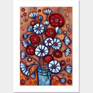 Cute Abstract Flowers in a Blue and White Vase Still Life Painting Posters and Art